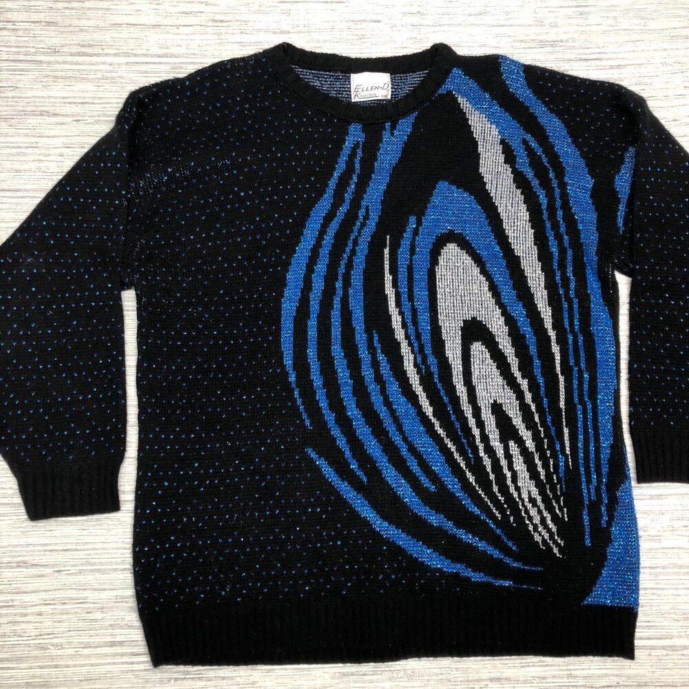 Vintage Ellen-D Kollection Womens Sweater 80s Medium Blue Black Silver Metallic